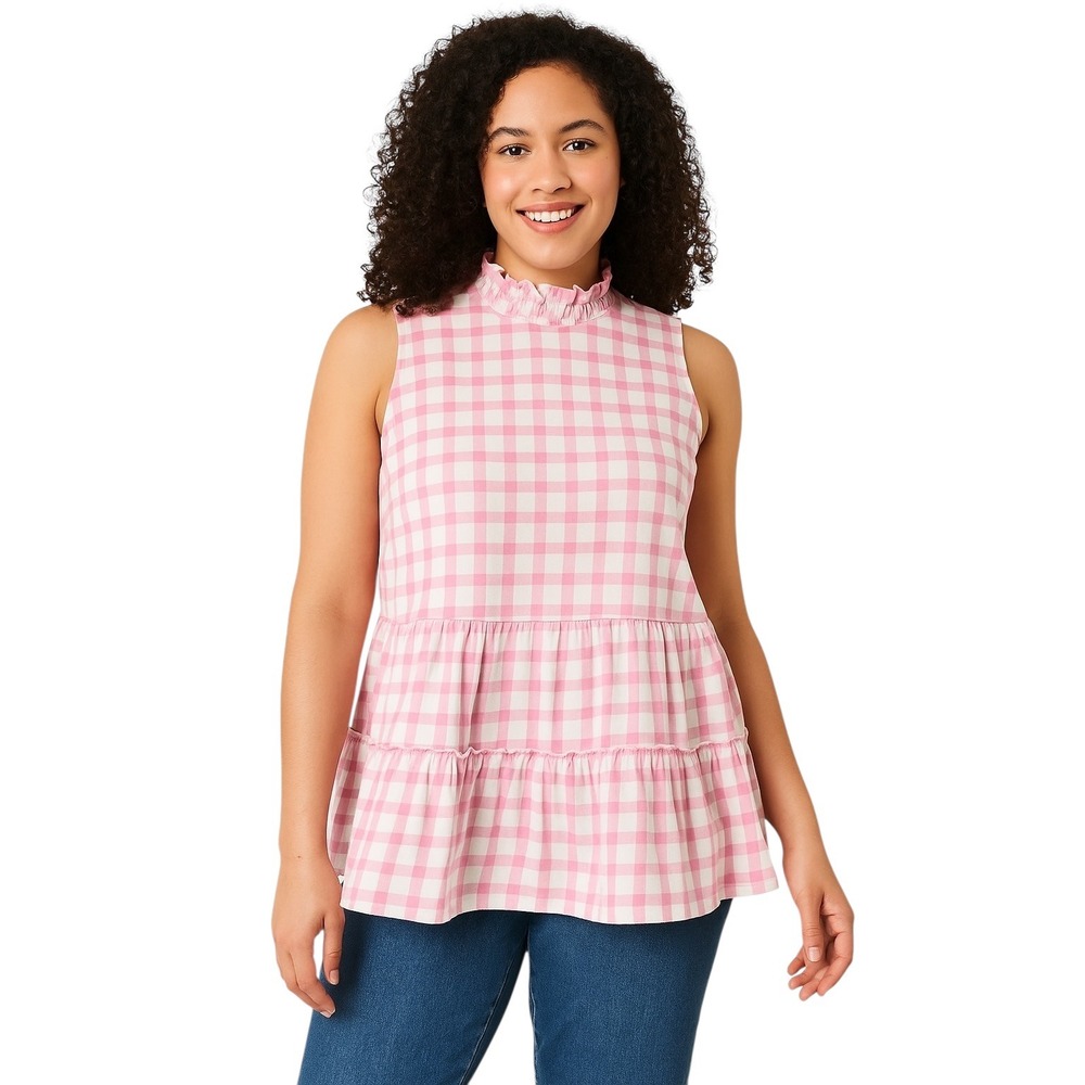 Crown & Ivy Large Top Ruffle Mock‎ Neck Sleeveless Top Pink Gingham Tiered 1295